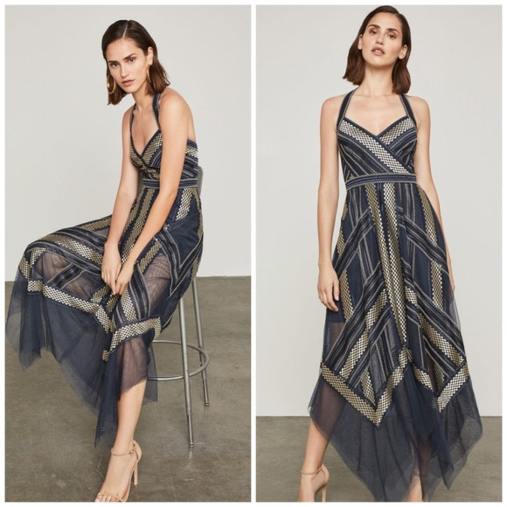 BCBGMAXAZRIA Blue and Gold Handkerchief Dress